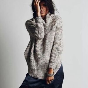 Free People Dylan Tweedy Neck Pullover in Marled Oatmeal